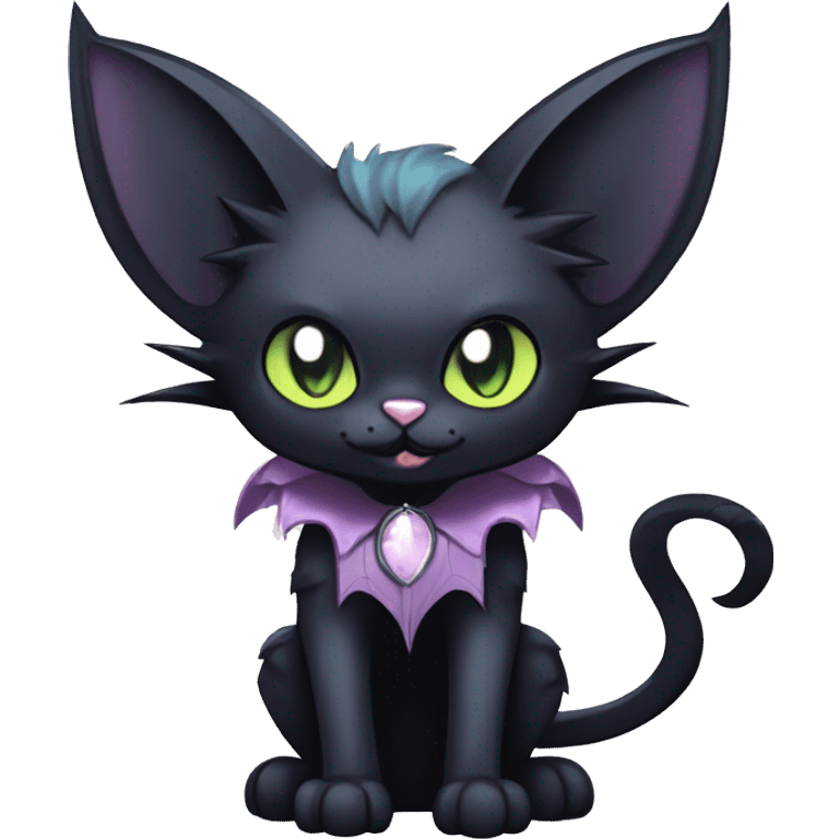   cool edgy kawaii anime-style ethereal dark-punk-themed animal vampiric cat-hybrid Fakemon with fangs and bat-wing-ears with a collar full body emoji