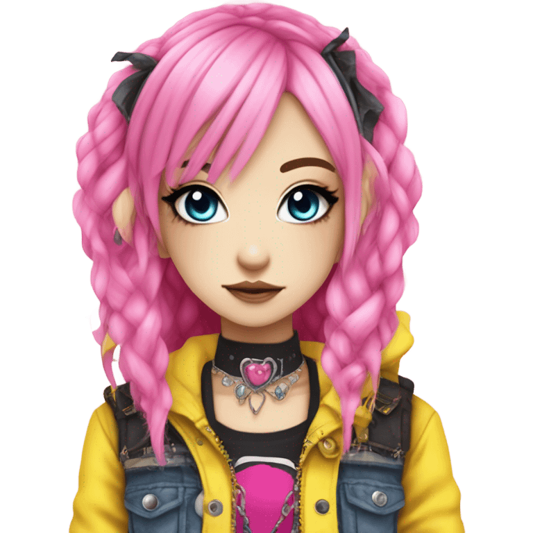 Blue eyed long eye lashes pout blonde and pink hair pale hime gyaru girl, hot pink and yellow split-dyed hair, nose ring, elf ears, dark makeup, punk clothes emoji