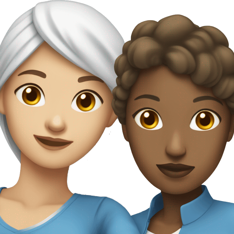 African woman taking selfie with Asian woman in modest clothes blue white emoji