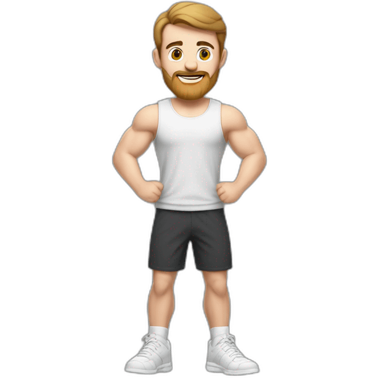 Full height Actively gesturing with hands Pale skinned Fit Man With the biceps and brown hair in dark gray Sleeveless Mike, black oversize sports shorts and white Sneakers emoji