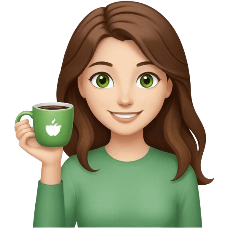 Long, Brown haired girl with middle hair part, with green eyes, smiling, waving with one hand, coffee mug in the other emoji