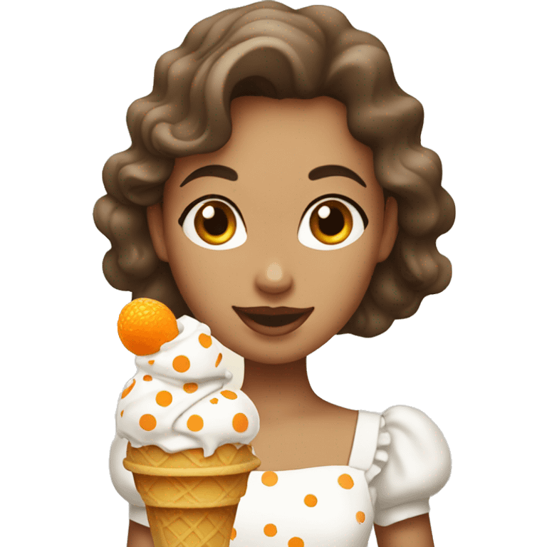 A girl wearing a white dress with orange polka dots and eating Magnum ice cream emoji