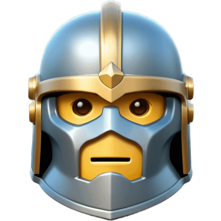 Clash of Clans aesthetic: Cinematic Playful Steel Helm Emoji, rendered in a 3D vector-style similar to standard emojis with minimal shading and bold, simplified shapes. A compact, isometric helmet crafted of shining steel with intricate engravings and a protective visor, softly glowing with a noble warrior charm. Simplified yet unmistakably iconic, highly detailed and consistent, glowing with a soft radiant gleam and high polish. Stylized with a touch of chivalric tradition and a soft glowing outline, capturing the essence of a stalwart battle helm with a friendly, playful manner! emoji