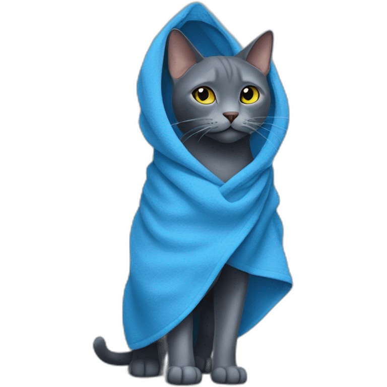 darker russian blue cat walks with blue towel on his mouth emoji