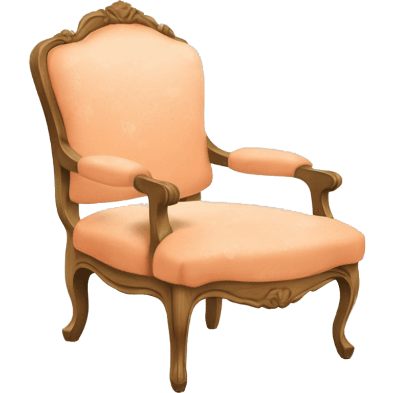 Vintage French chair with peach, curly fur on the seat and a vintage peach and white floral on the top in a natural wood frame emoji