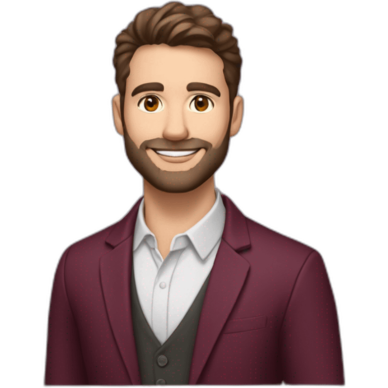 caucasion 30-year-old male teacher, brown eyes and short brown hair with short brown beard. Smiling. Wearing burgundy blazer and collarless white shirt. Wearing a purple lanyard emoji