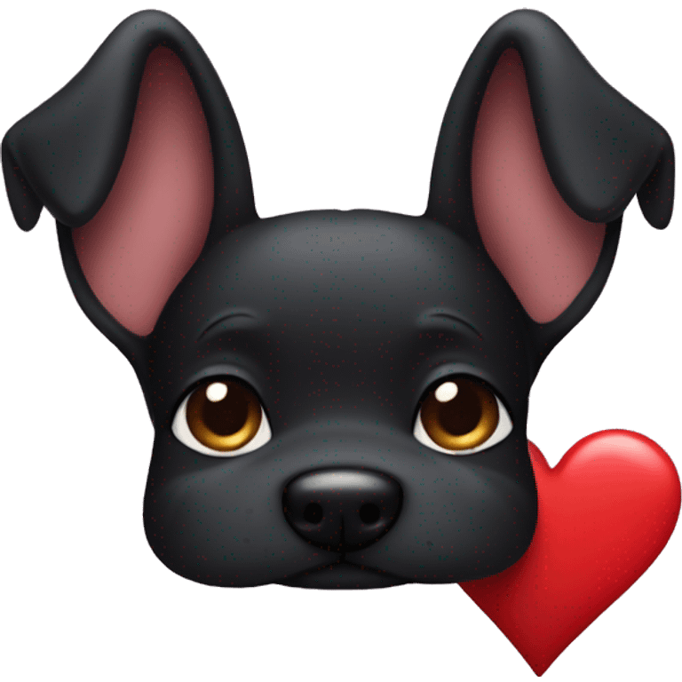 Black dog with up ears holding heart emoji