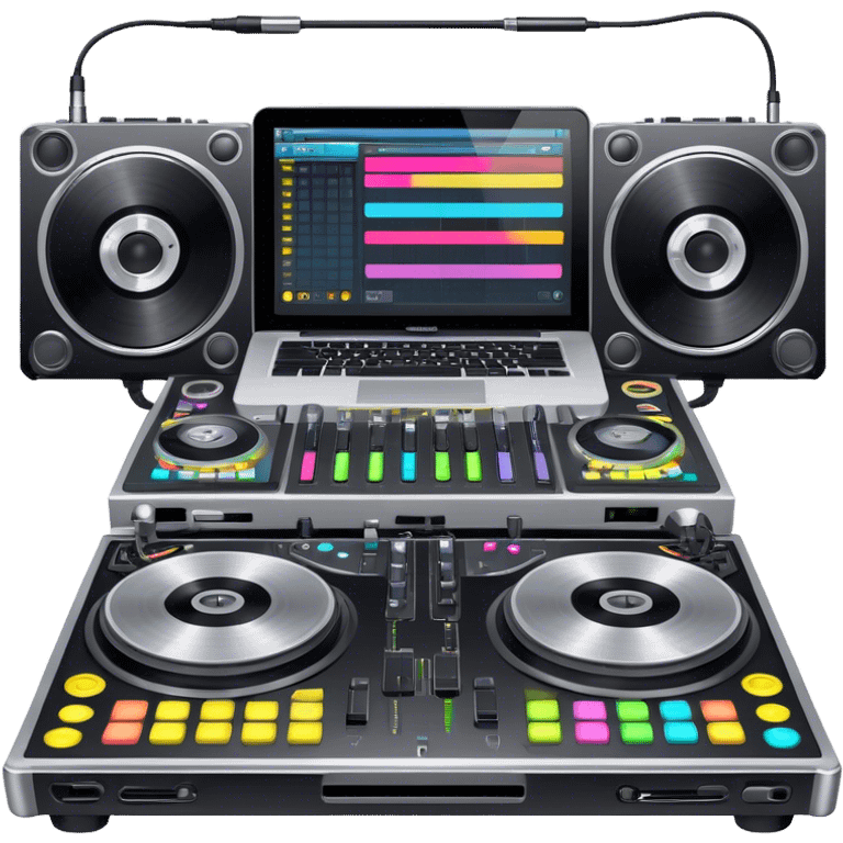 Create a professional and technical emoji that represents remixing music. The design should feature a high-end DJ controller, turntables with vinyl records, and a sound mixing console with faders to symbolize the technical aspects of remixing. Include elements like studio headphones and a laptop or digital audio workstation (DAW) screen to reflect the tools used in music production. Use colors like black, silver, and neon accents to convey the professional, high-tech nature of remixing. The background should be transparent. emoji