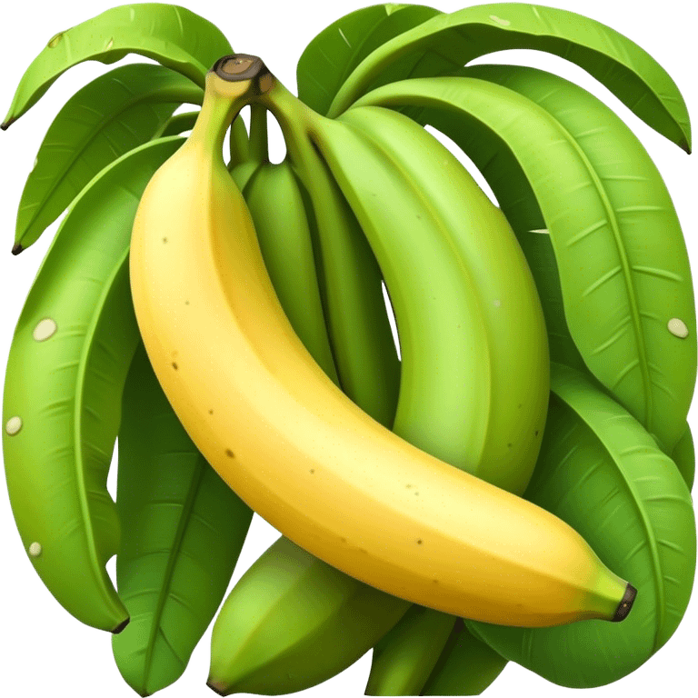 Cinematic Realistic Banana Emoji, Bright and cheerful, with a smooth, yellow peel slightly speckled with spots, revealing a soft, sweet interior. The banana is curved elegantly, standing out against the soft green leaves. Soft glowing outline, capturing the essence of tropical sweetness and energy in a ripe banana. emoji