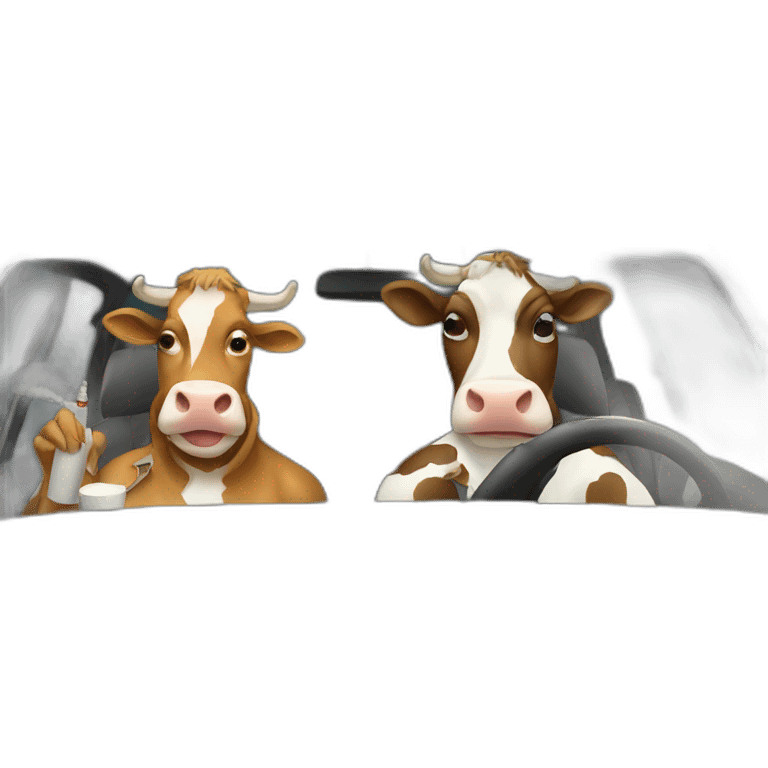 Two cows driving in a car and smoking cigarette emoji