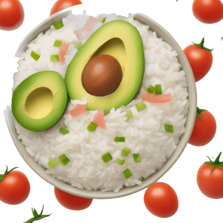 a big bowl with white rice, tomatoes, green sliced paprika, sliced avocado and pink joghurt emoji