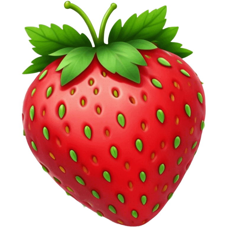 Cinematic Realistic Strawberry Emoji, Plump and juicy, with a deep red color and small, fresh seeds dotted across the skin. Its glossy, sweet surface catches the light, while bright green leaves top off the perfect, delicious berry. Soft glowing outline, capturing the essence of sweetness and freshness in a bright strawberry! emoji