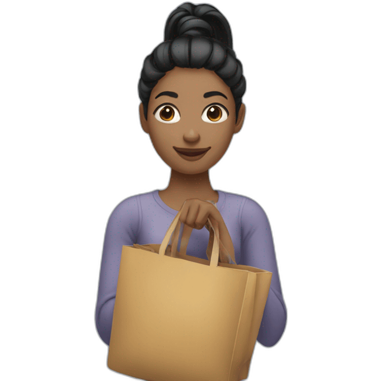 Black hair, European woman, ponytail, holding multiple bags emoji