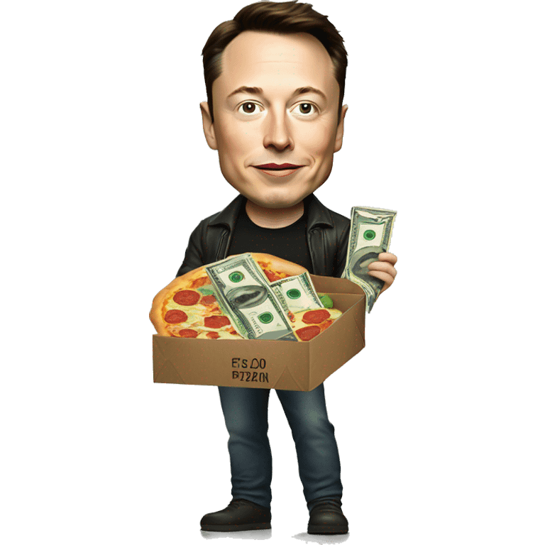 Elon musk with money bag and a pizza in hand emoji