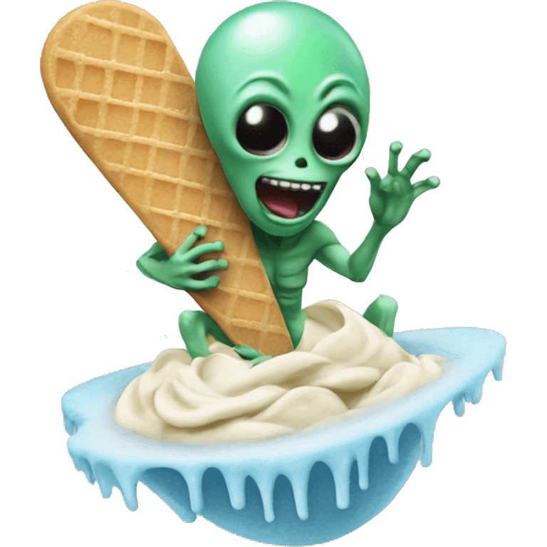 Alien surfing on ice cream emoji