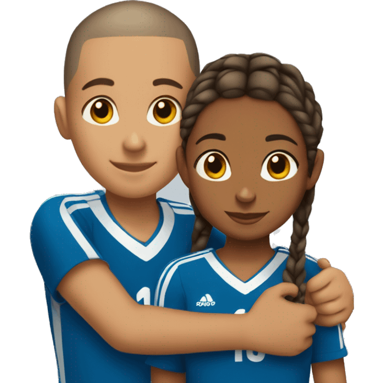 Medium brown girl with long braids hugging boy in soccer uniform with a buzz cut emoji