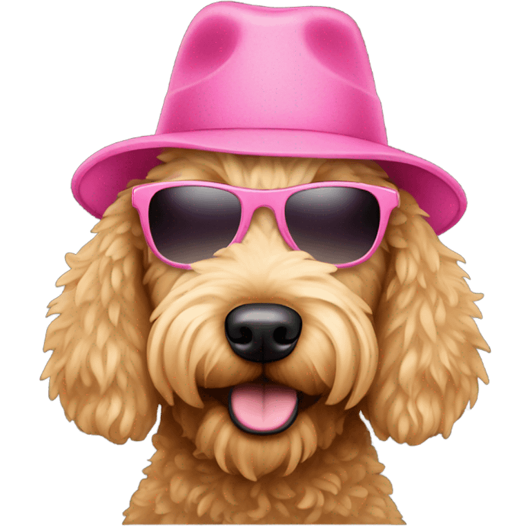 Golden doodle wearing a pink hat with shades emoji