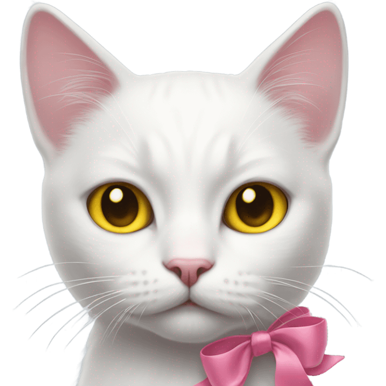 Realistic white cat with yellow eyes wearing pink bow emoji