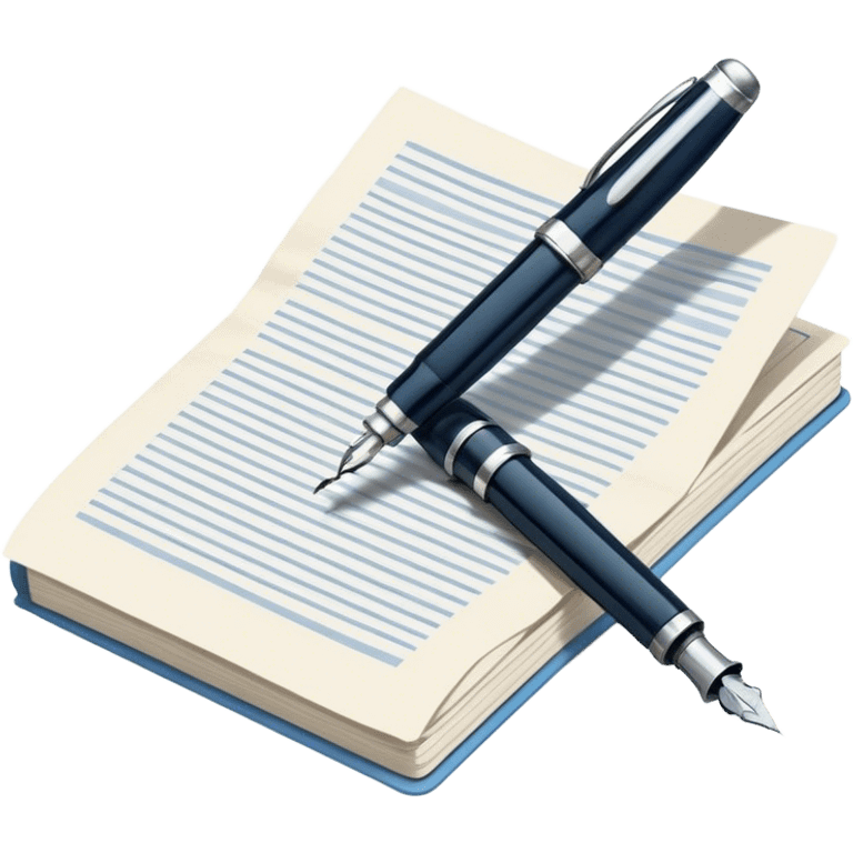 Create an emoji representing journalism and publicistic writing. The design should feature an open newspaper or a stack of articles with visible text columns, symbolizing opinion pieces and analysis. A classic fountain pen or ballpoint pen should be placed near the papers, indicating the act of writing. Optionally, include a small microphone or a press badge to emphasize investigative and journalistic aspects. Use neutral and professional colors like black, white, and muted blue or red. Do not include any emojis or smiley faces. Make the background transparent. emoji