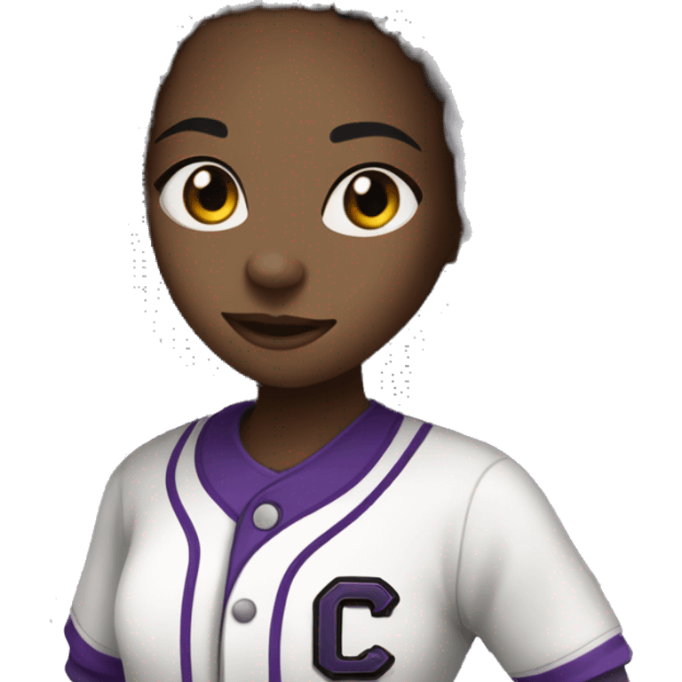 baseball card character. black girl. dread locs. letter C logo. Purple and white uniform.  emoji