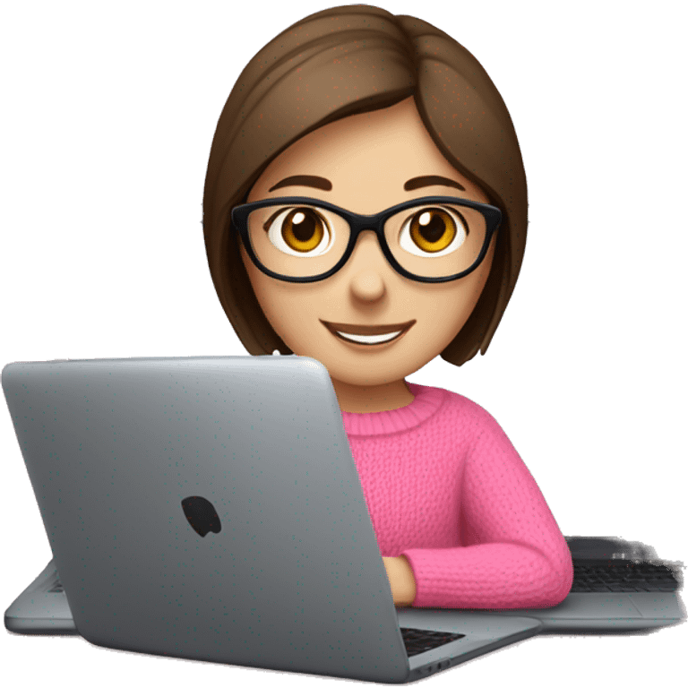 Russian smile Girl with straight brown hair and black glasses frame and in pink sweater working behind laptop emoji