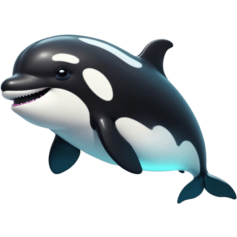 Cinematic Comical orca Portrait Emoji, Head tilted dramatically with an exaggeratedly shocked expression, featuring a sleek black-and-white body with wide, comically expressive eyes full of playful disbelief and animated flippers, Simplified yet hilariously expressive features, highly detailed, glowing with a slightly sassy oceanic glow, high shine, dramatic yet playful, stylized with an air of cheeky marine mischief, soft glowing outline, capturing the essence of a meme-worthy orca that looks ready to make waves with its hilariously dramatic antics! emoji