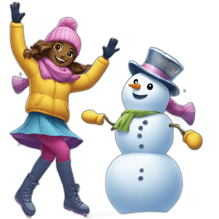 Two girls dancing on the snow and snowman is beside them emoji