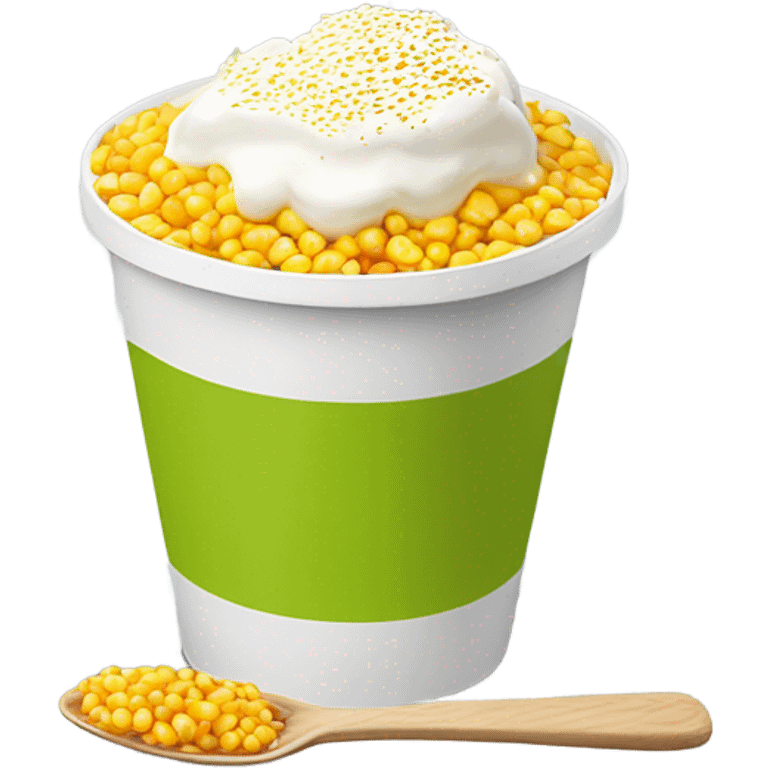 A white plastic cup filled whit yellow corn kernels, topped with grated cheese, white cream, chili powder, and a plastic spoon, with a hint of lime emoji