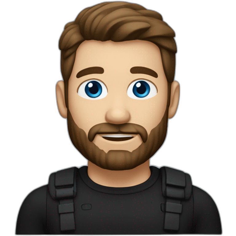 White man with a slight sun kissed tan, blue eyes and dark brown hair. He has a beard and mustache trimmed. Wears black clothing and wears his hair styled sideways backwards. emoji