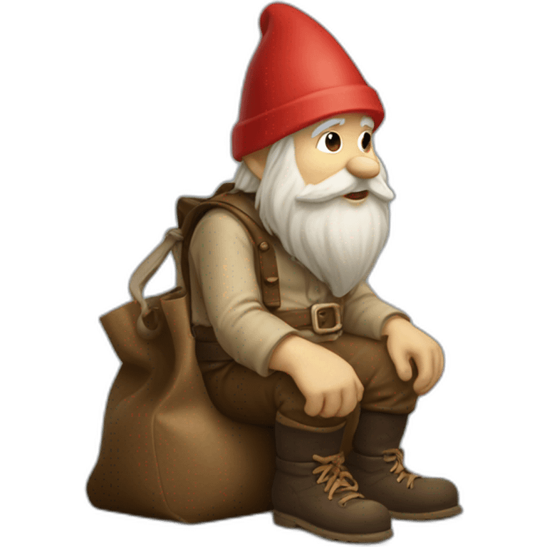 side view of gnome with light tan pants sitting above a small dark brown bag emoji