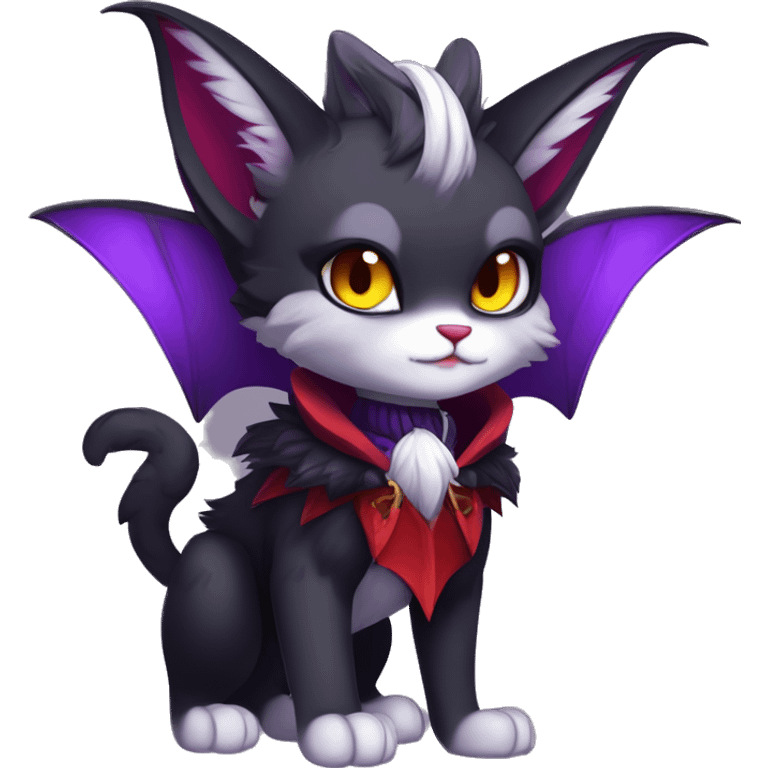 Anthro-Cute-Edgy-Cool-Vampiric-Batty-Cat-Black-Purple-Red-Grey-White-Yellow-Contrast-Colors-Fantasy-Fur-Sona-Chibi-Shiny-Fakémon-Hybrid with horns and fangs and collar full body emoji