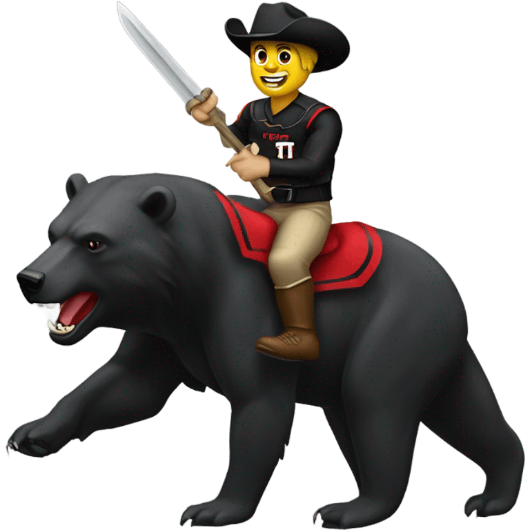 Raider red (Texas tech) riding a tame Baylor bear emoji