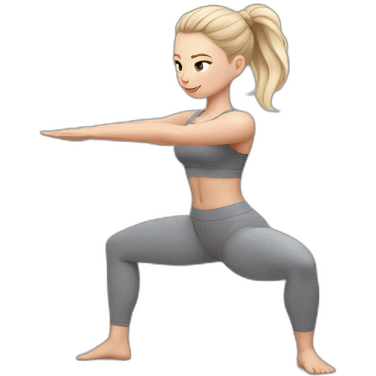 Pale skinned fit woman In a gray tight yoga suit and wristbands With ash blonde hair in a bun doing yoga emoji