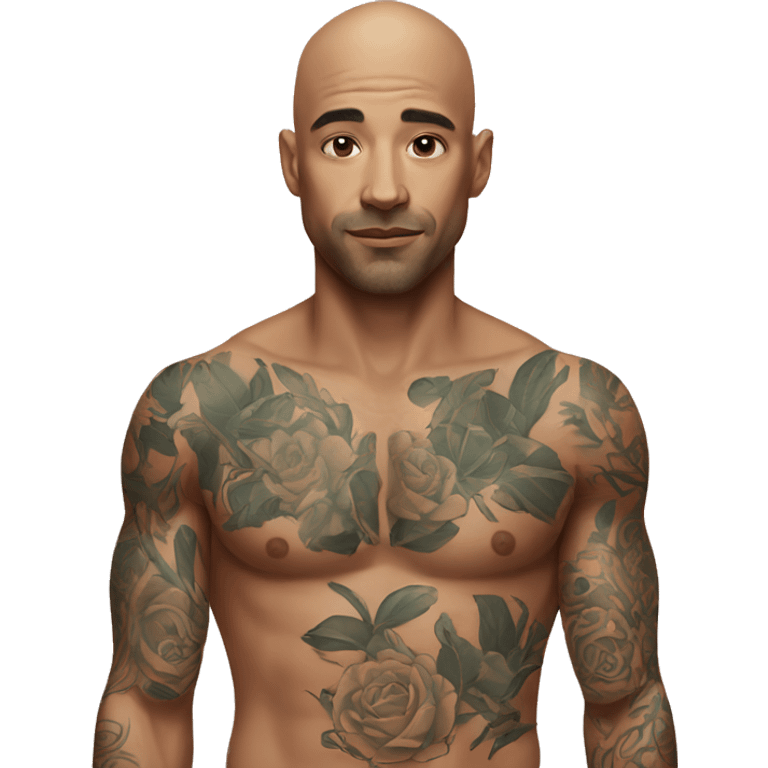 Bald man wearing tattoos on his face and chest and arms emoji