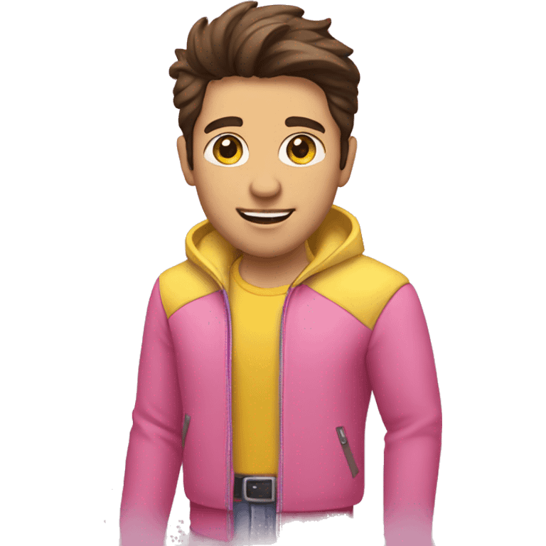 brunette man in pink shirt and yellow jacket emoji