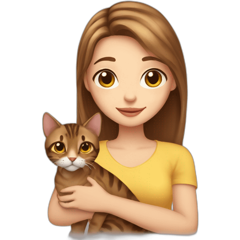 a beautiful girl with blue eyes and brown hair is holding a Bengal cat with yellow eyes in her arms emoji