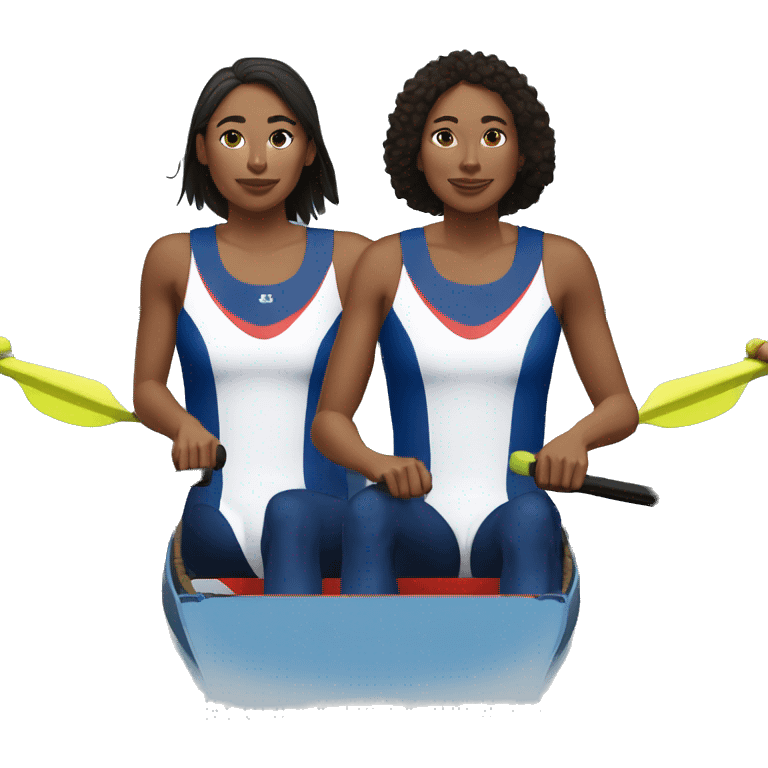 Two female rowers representing two different ethnicities rowing a 2x vespoli bo wearing red, white and blue jersey and sung emoji