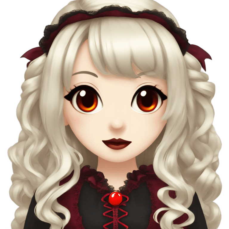 hime gyaru girl, victorian dress, black hair, red eyes, vampire fangs emoji