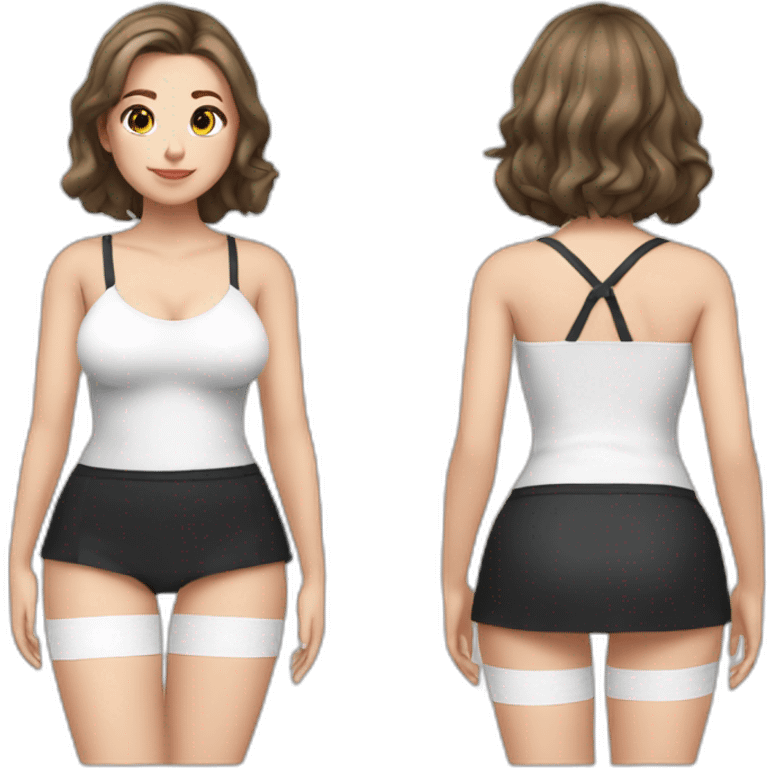 Front view full body curvy caucasian beauty sitting straight hands up black skirt white knickers white socks emoji