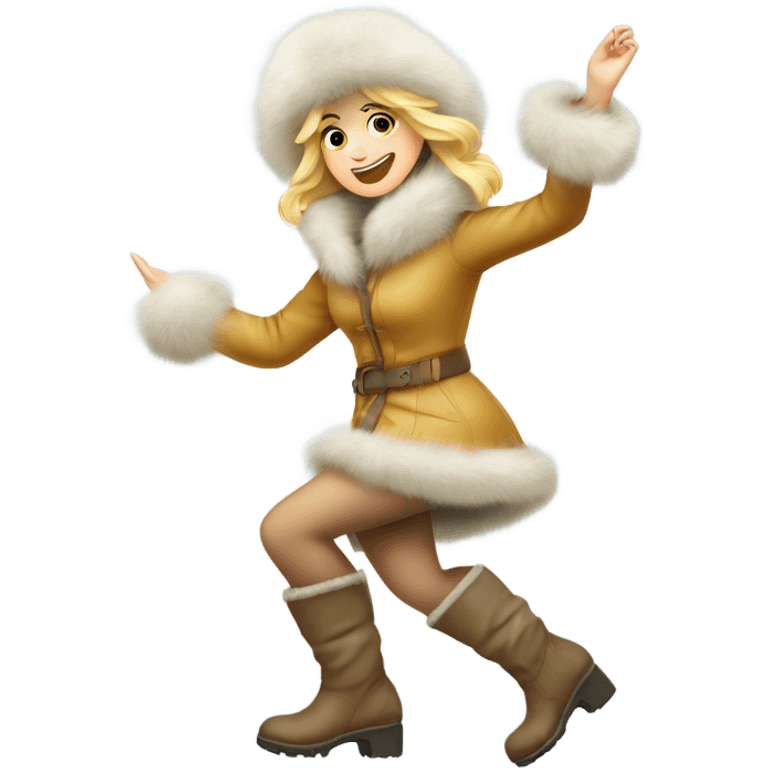 blonde lady in a fur hat dancing in the snow full body fur boots emoji