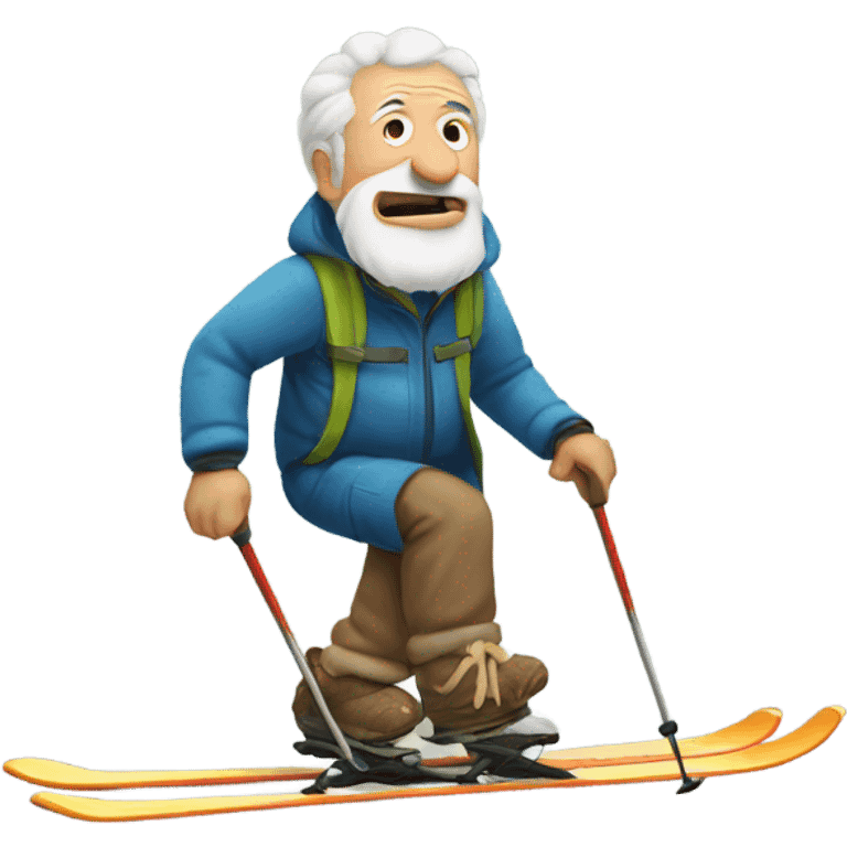 Old man skiing but he has dinosaur feet emoji