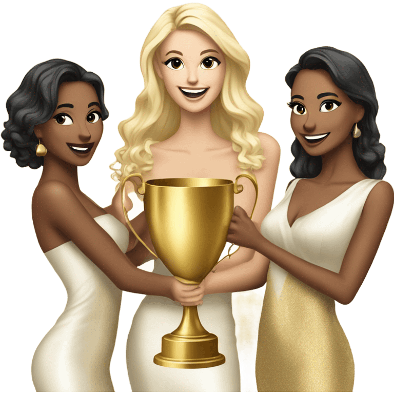 Seven beautiful and stylish blonde and Latina models celebrating with 1 huge gold trophy emoji