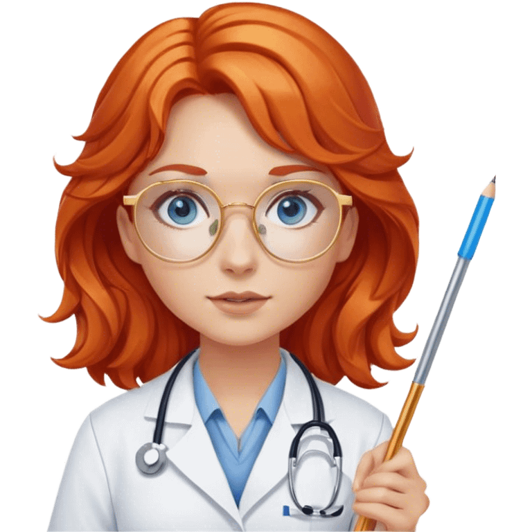 Girl doctor wavy orange red hair blue eyes in gold glasses . And  pointer emoji