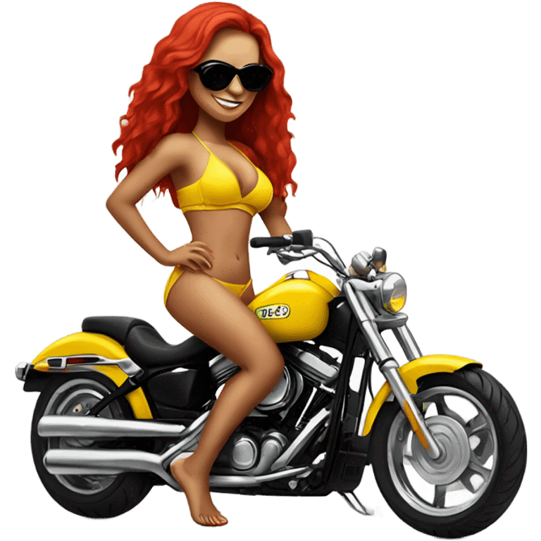 Latina with long red hair in a bikini riding a bright yellow Harley with dark sunglasses  emoji