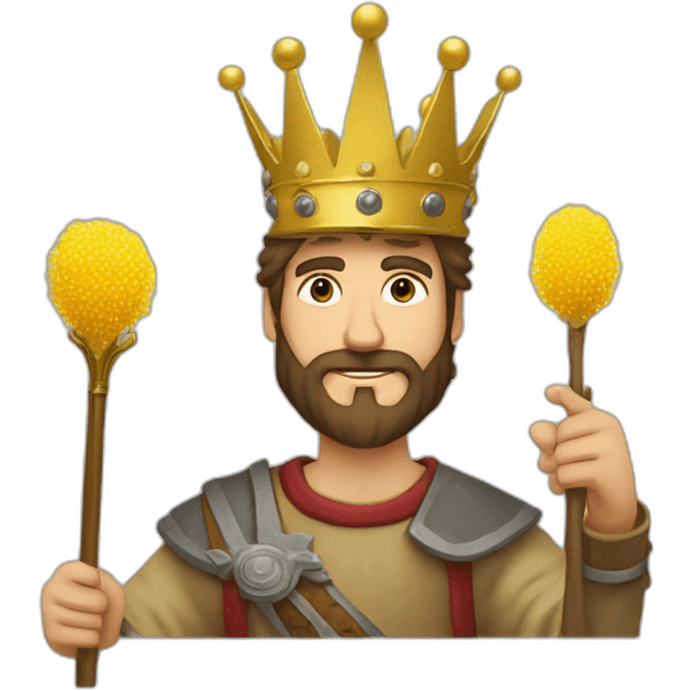 medieval peasant in a crown with a golden scepter in his hand. with a different mimosa symbolizing emotions emoji