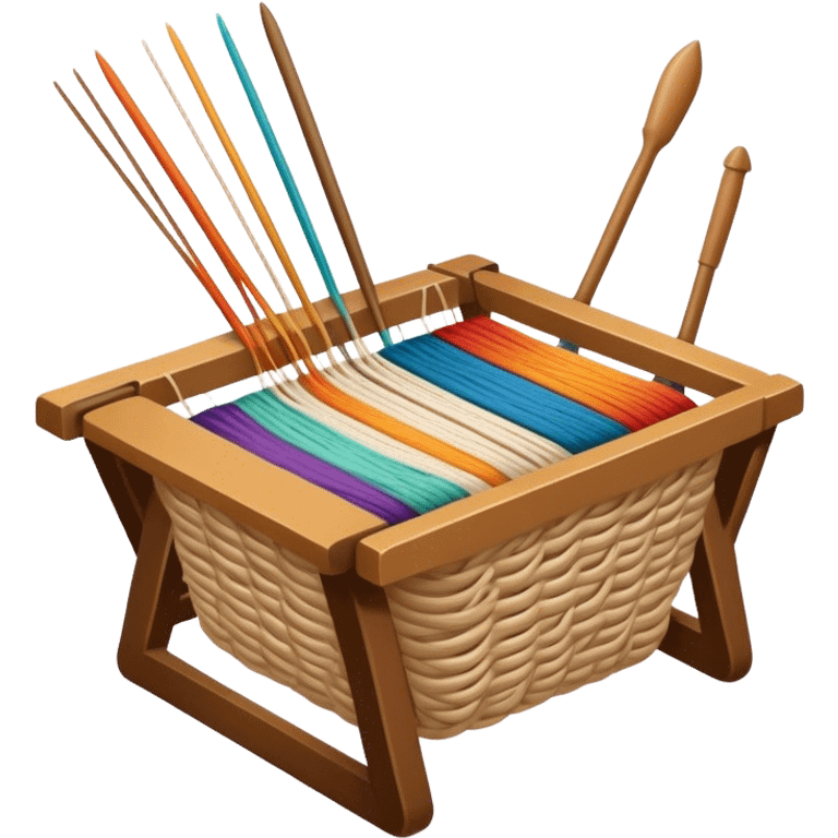 Weaving icon, various types of weaving such as basket weaving, macramé, and loom weaving, showing intertwined threads or ropes, weaving tools like shuttle, crochet hook, and loom, minimalistic style, clean lines, transparent background. emoji