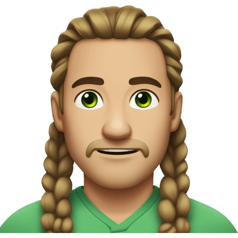 a man with long hair in a ponytail and parted in the middle, no beard, dark brown eyebrows, green eyes emoji