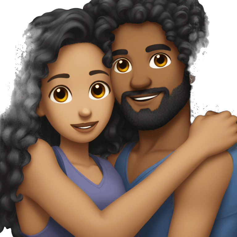 Light skin;Black long hair girl hugging with a man with black beard and curly hair on top emoji