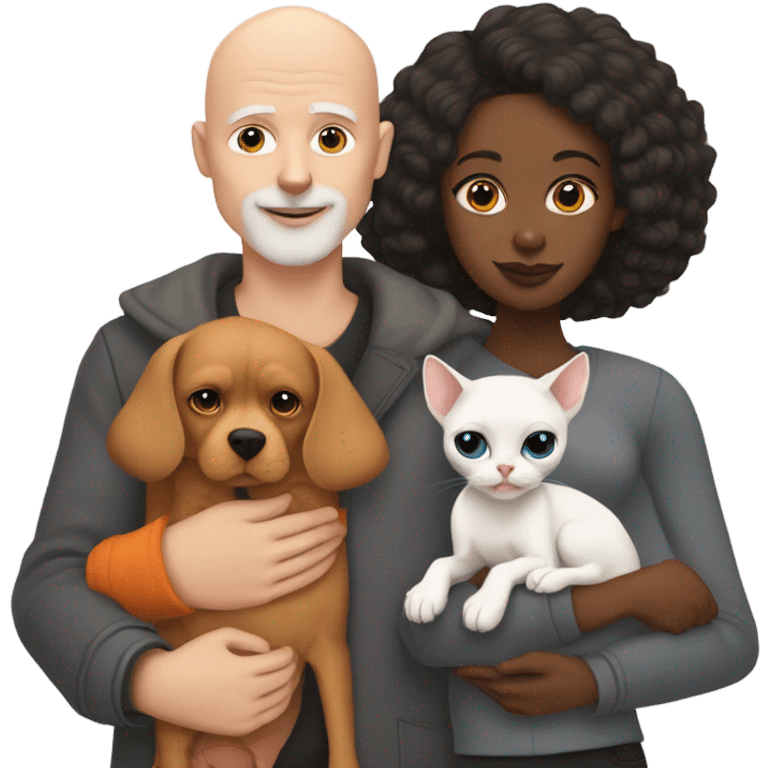 White bald man is holding a grey small sphinx cat and woman with dark straight hair is holding orange Pomeranian dog emoji