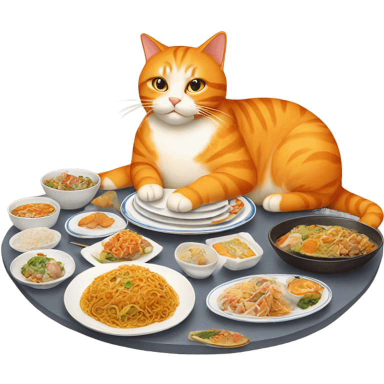 big orange cat eating at a chinese buffet emoji